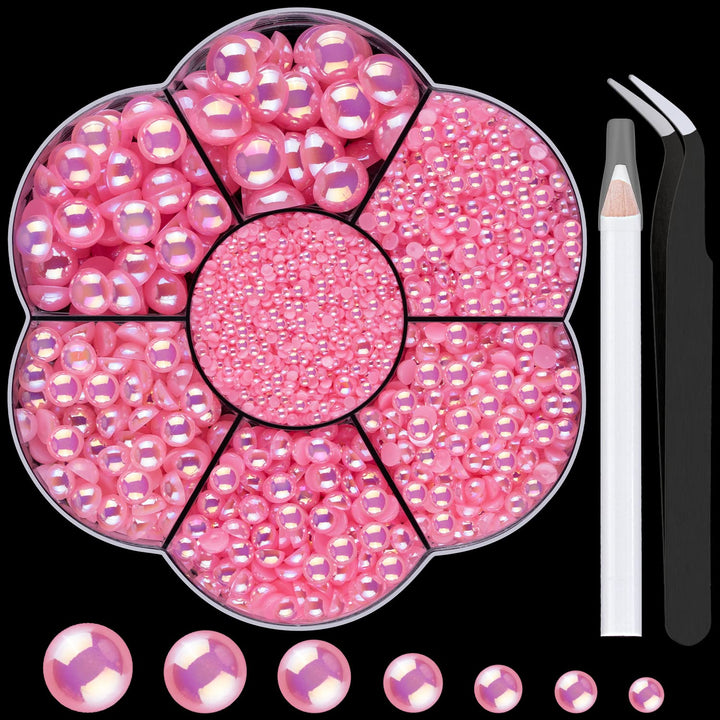 Nail Art Flat Back Half round Pearl Kits 3, Mixed Sizes 6000 Pcs White Small Pearls for Nails with Picking Tools for Graduation Cap Decorations Home DIY Body Face Craft Salon Use