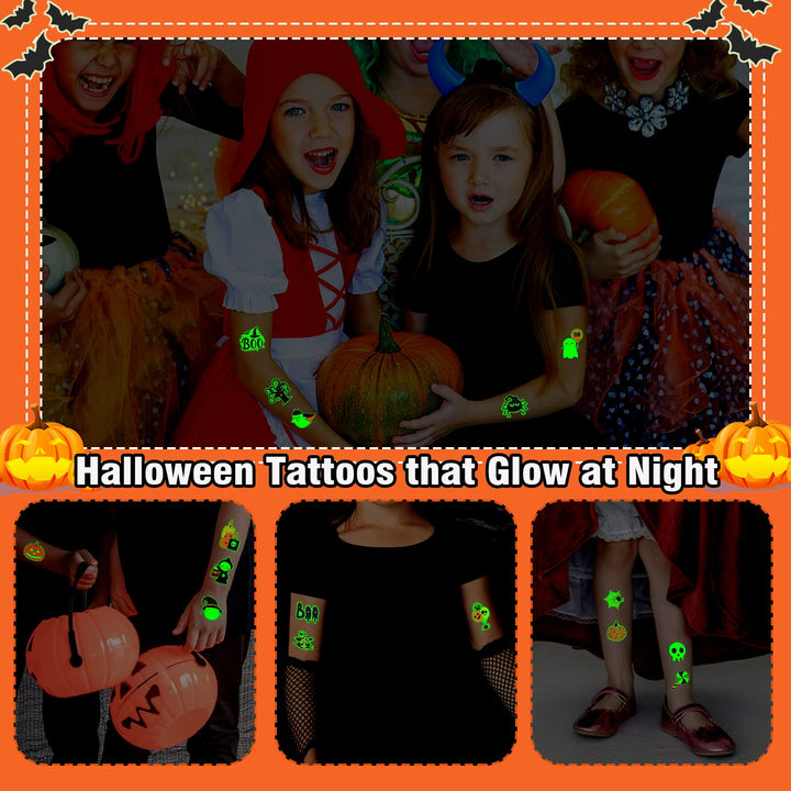 204 PCS Individually Wrapped Sheets Glow Halloween Tattoos for Kids Party Decorations, Luminous Pumpkin Tattoo Stickers, Kids Halloween Treats, Party Supplies