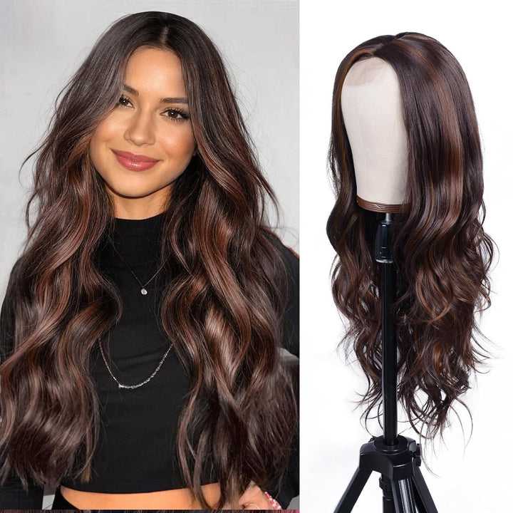 Mixed Blonde Long Wave Wig for Women -26Inch Middle Part Long Curly Wig Heat Resistant Synthetic Hair Looking Natural, Fiber Wig for Daily Party Use