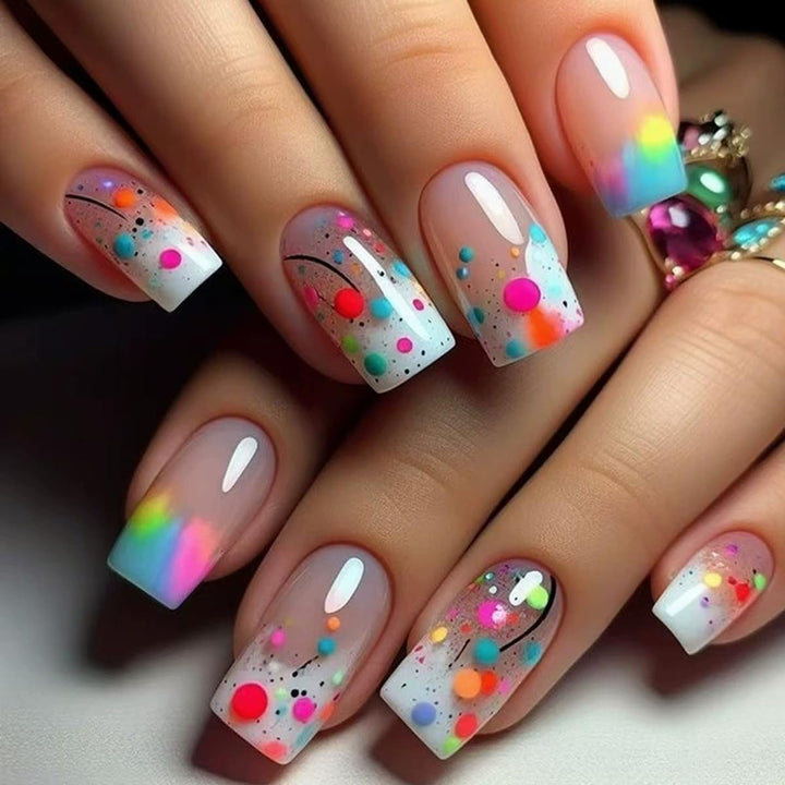 Short Square Press on Nails French Fake Nails Ombre Acrylic Nails Press on Full Cover Glossy Glue on Nails Artificial Stick on Nail for Women Manicure Decoration 24PCS