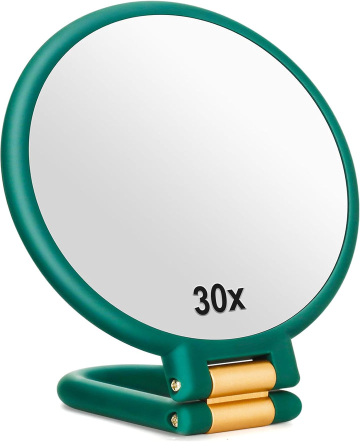 30X Magnifying Mirror, Travel Hand Mirrors with Handle - Double Side Handheld Mirror with 1X 30X Magnification & Adjustable Handle/Stand, Hand Held Foldable Travel Mirror for Makeup(Black)