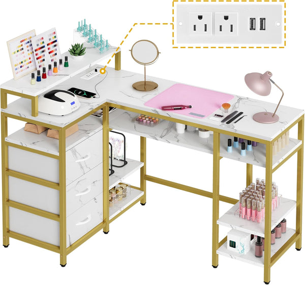 L Shape Nail Desk for Nail Tech - Spacious Manicure Table with Built-In Charging Station, Marbling Texture Manicure Station for Home, Beauty Salon Spa