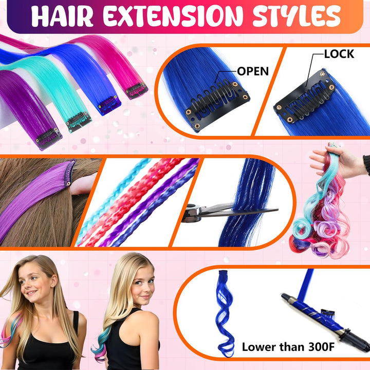Dustless Hair Chalk for Girls Washable with Clip in Hair Extensions, Brushes and Glitters, Kids Temporary Color Dye, Gifts for Teen Girl Trendy Stuff, Teenage 7 8 9 10 11 12 13 14 Year Old