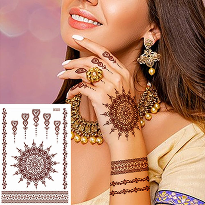 14 Sheets Henna Tattoos Temporary Stickers 10Pcs Brown Tattoo Templates Women Body Art Stickers for Wedding Party (Brown)