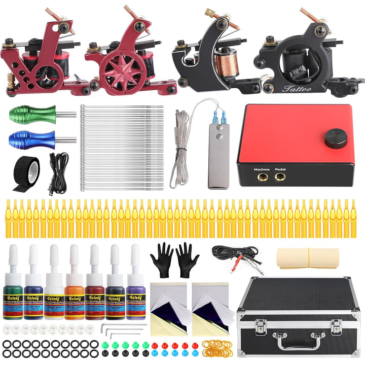 Complete Tattoo Kit 4 Pro Machine Guns 54 Inks Power Supply Foot Pedal Needles Grips Tips Carry Case TK453-US