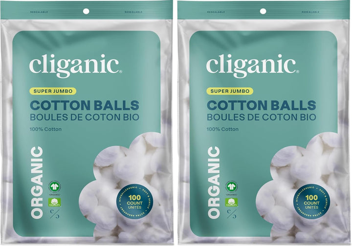 Organic Super Jumbo Cotton Balls (100 Count) - Hypoallergenic, Absorbent, Large Size, 100% Pure (Packaging May Vary)
