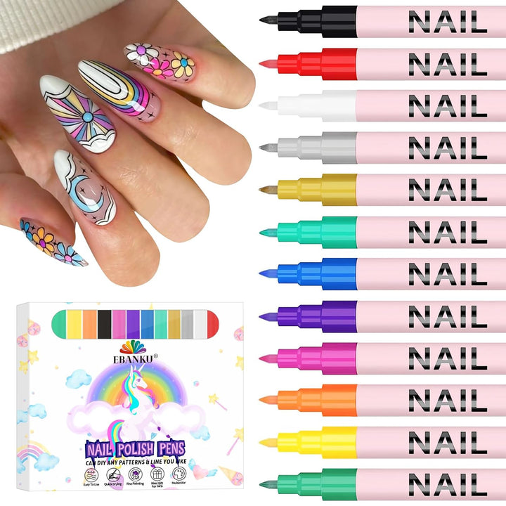 12 Colors Nail Art Pens Set, 3D 0.7MM Nail Polish Pens Quick-Drying Nail Art Acrylic Paint Nail Point Dotting Liner Pen Tools for Home & Salon Nail DIY
