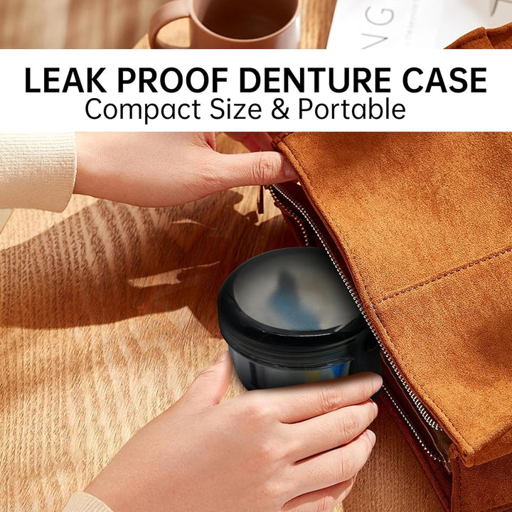 Leak Proof Denture Cups for Soaking Dentures, Partial Denture Bath Case Travel Retainer Cleaning Container Case with Brush for Aligner, Denture, Mouth Guard - Transparent Black