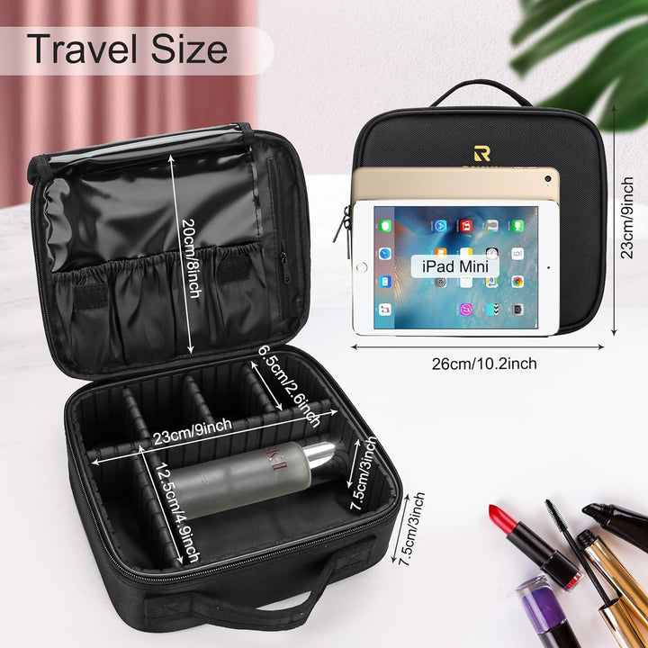 Travel Makeup Train Case Makeup Cosmetic Case Organizer Portable Artist Storage Bag with Adjustable Dividers for Cosmetics Makeup Brushes Toiletry Jewelry Digital Accessories Black