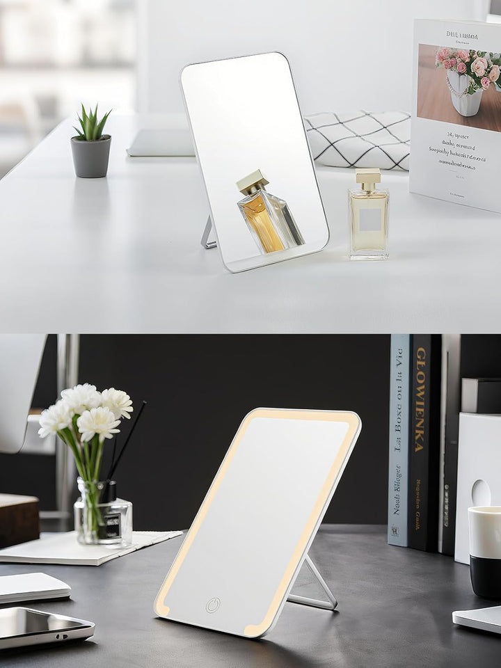 Desk Makeup Mirror, 8 X 5 Inches Table Mirror with Foldable Stand and Hanging Hole for Shaving and Travelling, White