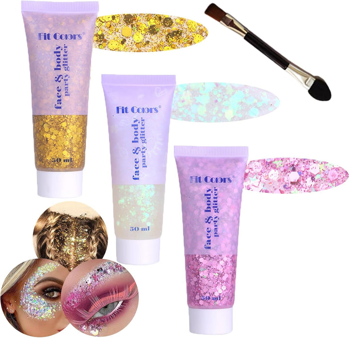 Body Glitter Face Glitter Gel: Singer Concerts Disco Festival Rave Accessories Face Glitter Makeup 150Ml Chunky Sequins Mermaid Face Body Hair Glitter Gel (White&Silver&Pink)