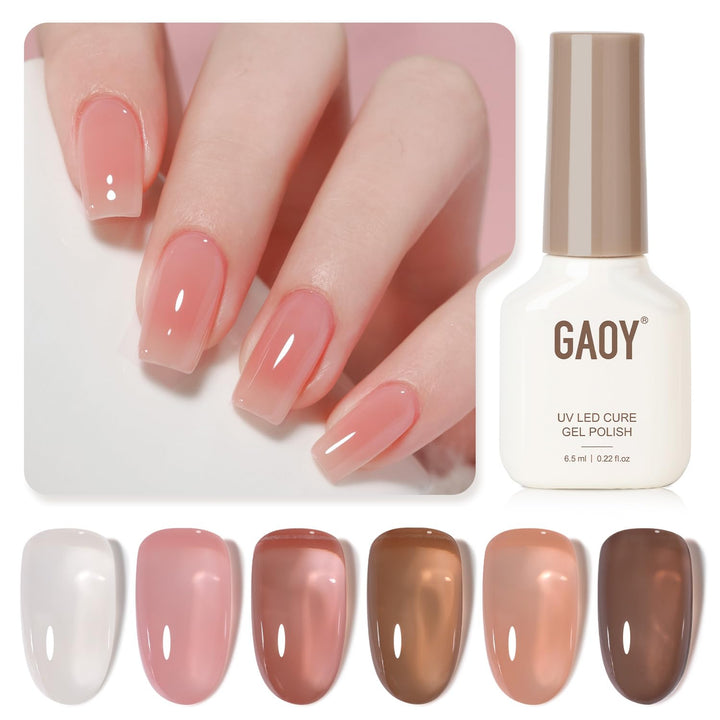 Nude Brown Gel Nail Polish Set, 6 Colors Beige Chocolate Caramel, UV Cure Gel for DIY Manicure at Home