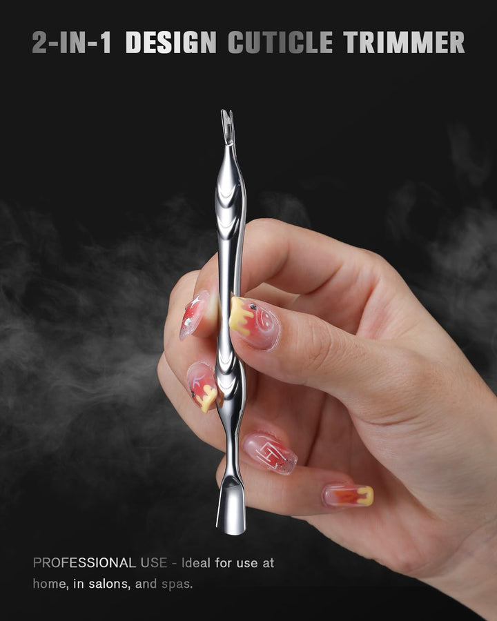 Cuticle Pusher with Fork, 2-In-1 Cuticle Trimmer Nail Care Tool, Stainless Steel Cuticle Remover Tool for Manicures and Pedicures - Silver