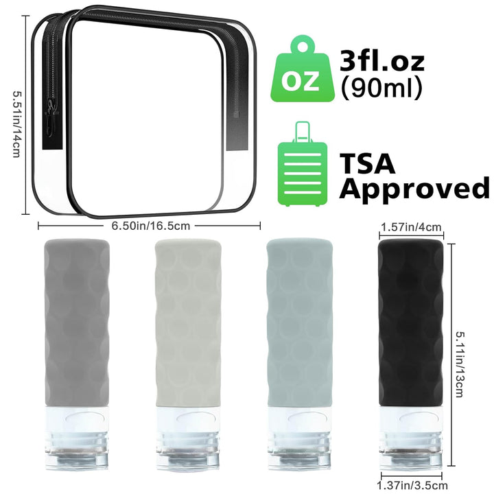 Travel Bottles for Toiletries, 4Pcs Tsa Approved 3Oz Travel Size Containers, BPA Free Leak Proof Premium Silicone Bottles, Refillable Liquid Squeezable Accessories W/Toiletry Bag