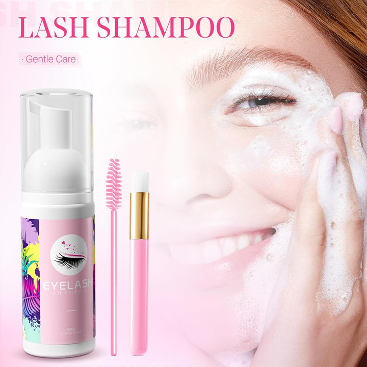 Lash Shampoo for Eyelash Extension, 60Ml/2.11Fl.Oz Eyelash Shampoo Kit with Lash Wash Brushes Gentle Lash Extension Cleanser for Professional Salon and Home Eyelash Care