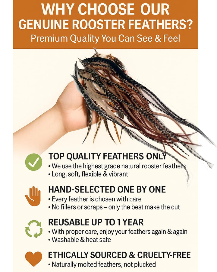 Feather Hair Extension – 25 Loose Long Natural Rooster Feathers in Brown, Beige, and Grizzly, All Individual Feathers, Ranging from 6 to 11 Inches in Length