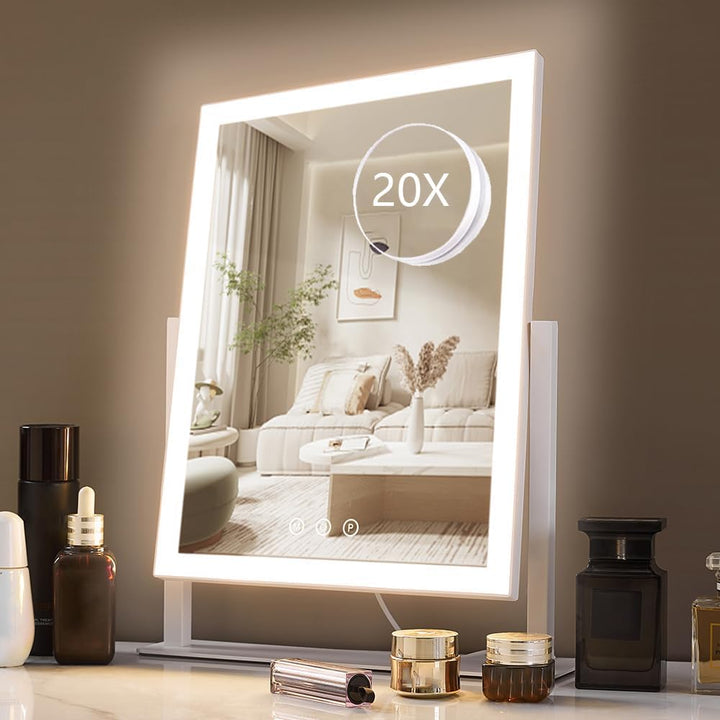 Lighted Makeup Mirror, Hollywood Vanity Mirror with Lights, Three Color Lighting Modes, and 5X Magnification Mirror, Smart Touch Control, 360°Rotation (17.3In,White,Gift Box)