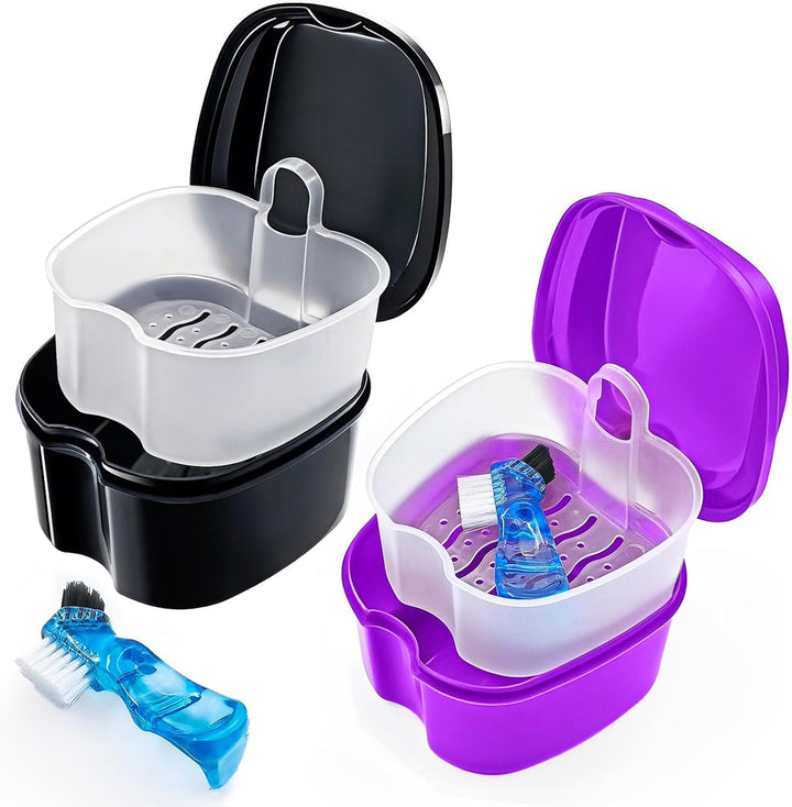 Black Denture Soaking Container Partial Denture Case, Orthodontic Retainer Cleaning Case Denture Cleaner Container Dentures Teeth Cup with Strainer and Lid Waterproof