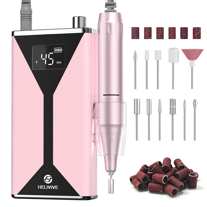 Professional Electric Nail Drill 45000RPM (Portable & Rechargeable) (With 11 Drill Bits ) Cordless Nail File Machine for Shaping, Polishing & Removing Gel Nails for Salon Home (Pink)
