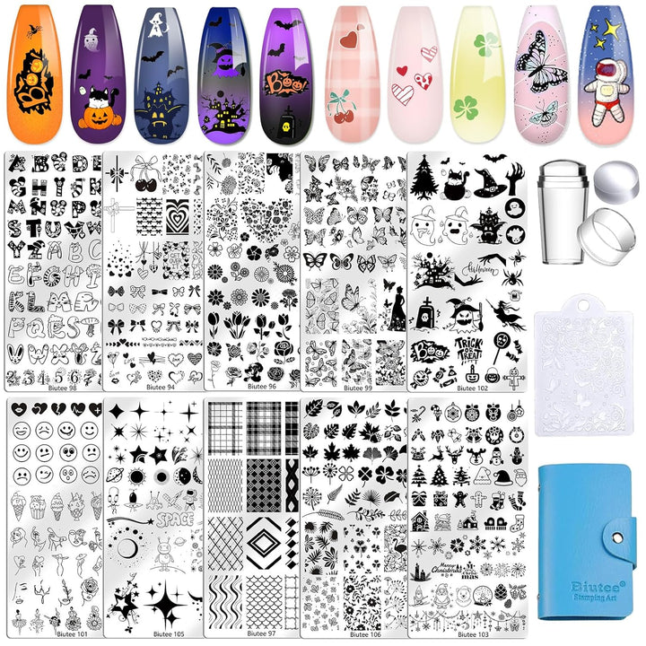 Nail Stamper Kit 15Pcs Nail Art Stamp Plate 8Pcs Stamp Gel Polish 1Pcs Nail Stamper Scraper Set with Storage Bag, Nail Stamp Template Kit Flower Lace Animal Star Halloween Christmas Design