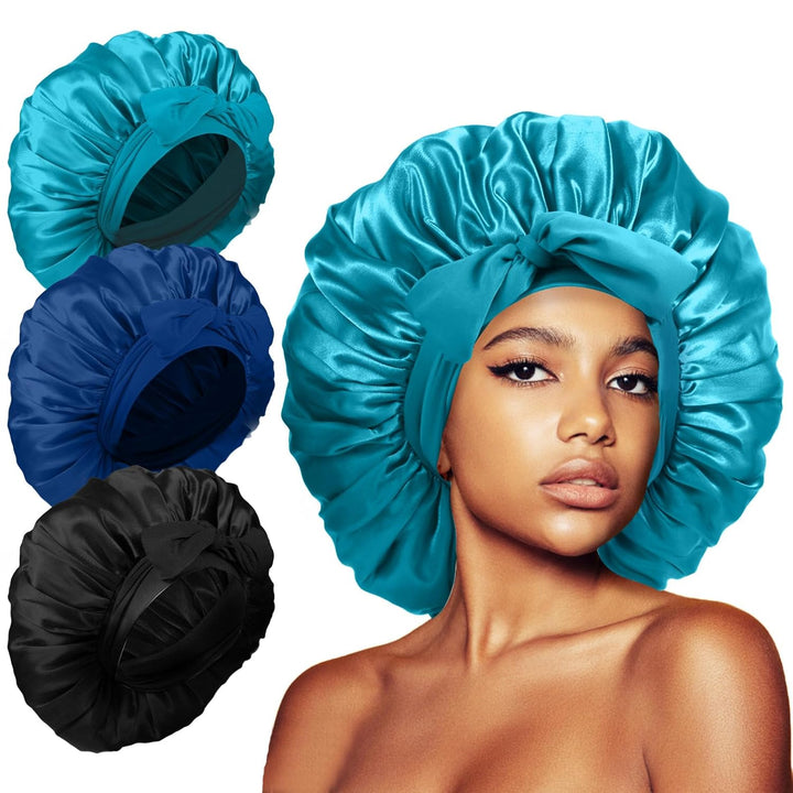 3Pcs Bonnets for Sleeping, Extra Satin Silk Bonnet for Sleeping Women with Tie Band for Curly Hair Jumbo Bonnet Braids