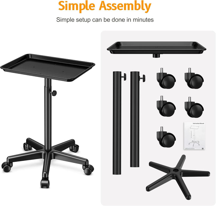 Salon Tray on Wheels - Premium Aluminum Tattoo Tray Rolling Trolley - Adjustable Salon Service Rolling Tray Hairdresser Cart with Clinic Spa Rolling Tray Wheels (Black)