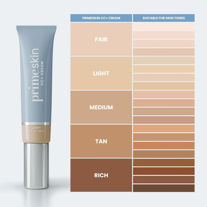 Primeskin CC+ Cream for Mature Women – Lightweight Liquid-To-Powder Foundation – Blurs Pores & Covers Age Spots – Crease-Free, Hydrating & Soft-Matte Finish for Sensitive Skin (Light)