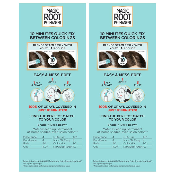 Magic Root Rescue 10 Minute Root Hair Coloring Kit, Permanent Hair Color with Quick Precision Applicator, 100 Percent Gray Coverage, 4 Dark Brown, 2 Count