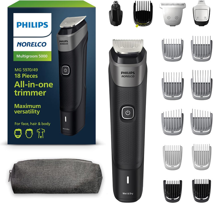 Multigroom Series 5000 18 Piece, Beard Face, Hair, Body and Intimate Hair Trimmer for Men - NO BLADE OIL MG5910/49