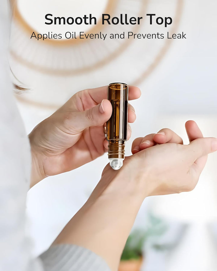 48-Pack Essential Oil Roller Bottles 10Ml, Empty Bottles with Stainless Steel Roller Balls and Waterproof Labels, Amber Roller Balls for Essential Oils