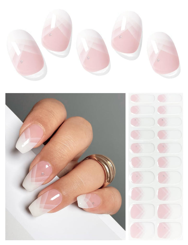 Semi Cured Gel Nail Strips (A White French Tip), Clear Base, 20 Pcs Gel Nail Wraps, Stickers, UV Light Required, Salon Quality, Long Lasting