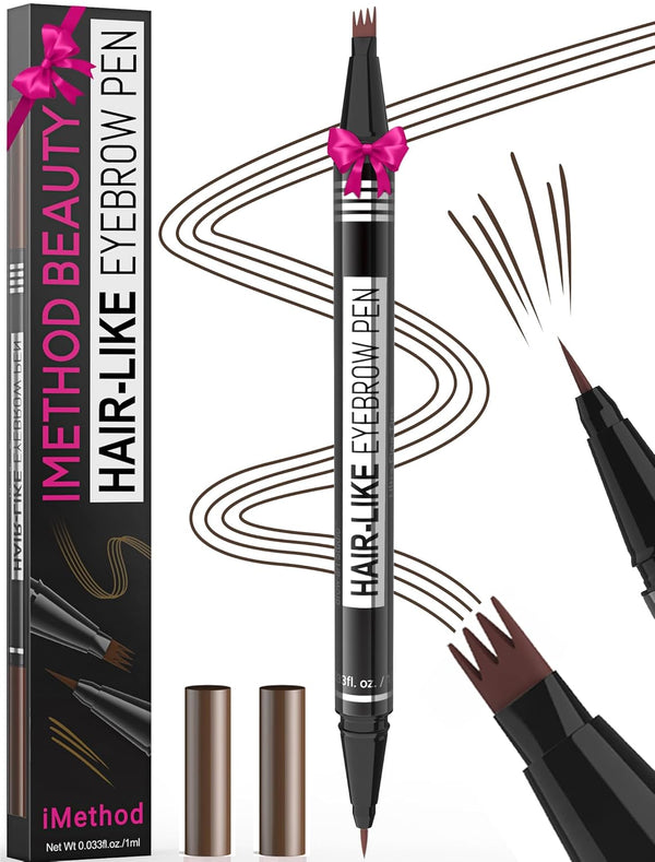 Microblading Eyebrow Pen - Eyebrow Pencil Magical 2-In-1 Dual-Ended Eye Brow Pencils for Women with 4-Fork-Tip & Precise Brush-Tip Create Natural Hair-Like Brows, Last All-Day, Dark Brown