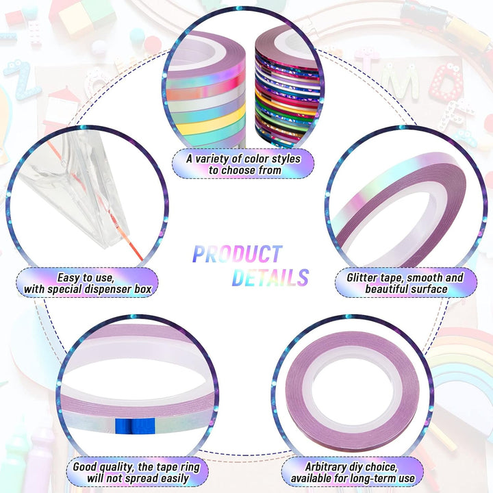 138 Rolls Striping Tape for Tumblers Nail Tape Lines Holographic Pinstripe Decals 1 Mm 3 Mm Self Adhesive Glitter Striping with Dispenser Case for DIY Tumblers Nail Decoration Craft
