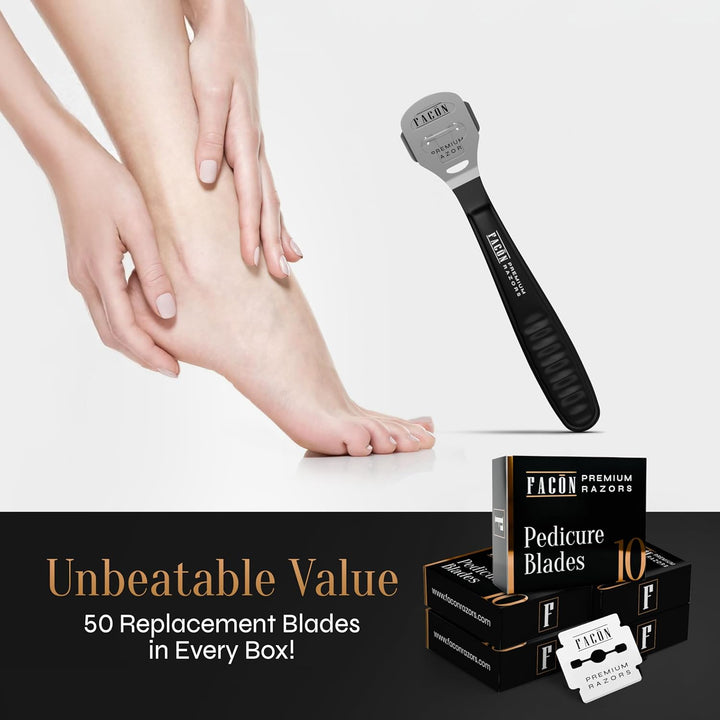 Facón Professional Callus Shaver Remover with 50 Blades, Pedicure Razor for Feet & Hands, Foot Razor for Callus Removal, Callus Blade Remover, Corn Shaver, Surgical Grade Premium Stainless Steel Tool