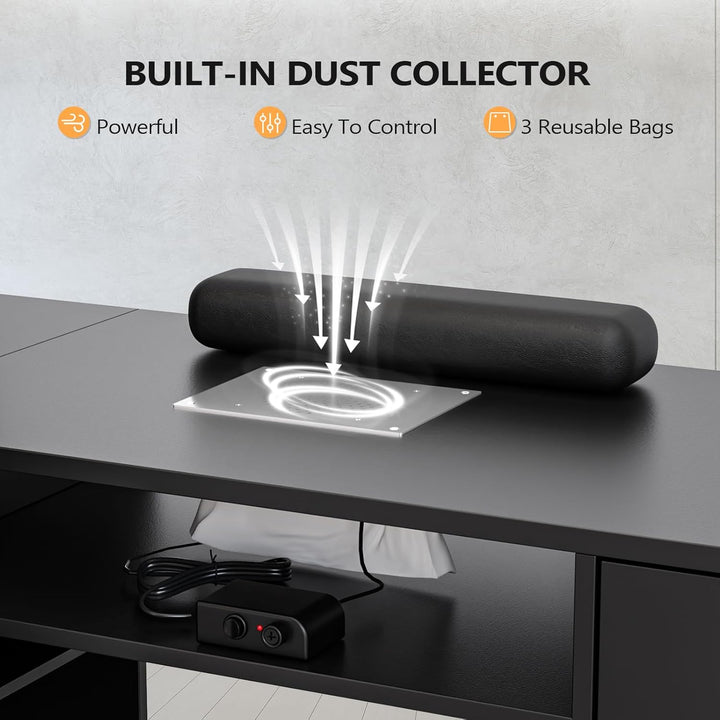 L Shaped Manicure Table with Dust Collector, 52" L Corner Nail Desk for Nail Techs, W/Polish Display Rack Arm Rest, Acetone Resistant Top, Drawer and Cabinet Storage, for Nail Salon (Black)