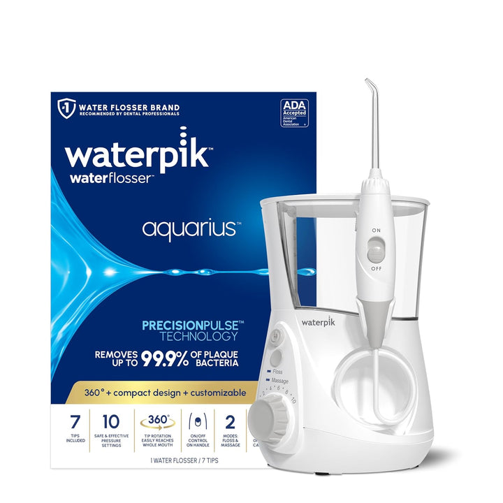 Aquarius Water Flosser for Teeth Cleaning, Gums, Braces, Dental Care, Electric Power with 10 Settings, 7 Tips for Multiple Users and Needs, ADA Accepted, White WP-660, Packaging May Vary