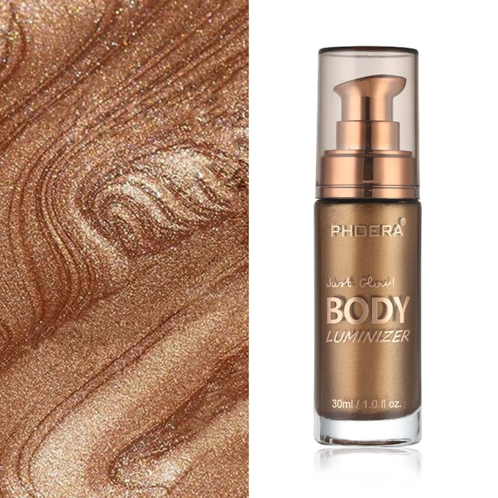 Body Shimmer Oil, Glistening Bronze Natural Glow Luminizer, Long Lasting Waterproof Moisturizing Liquid Illuminator Highlighter Makeup for a Sun-Kissed Glow, Brush Include, 1Oz, Medium