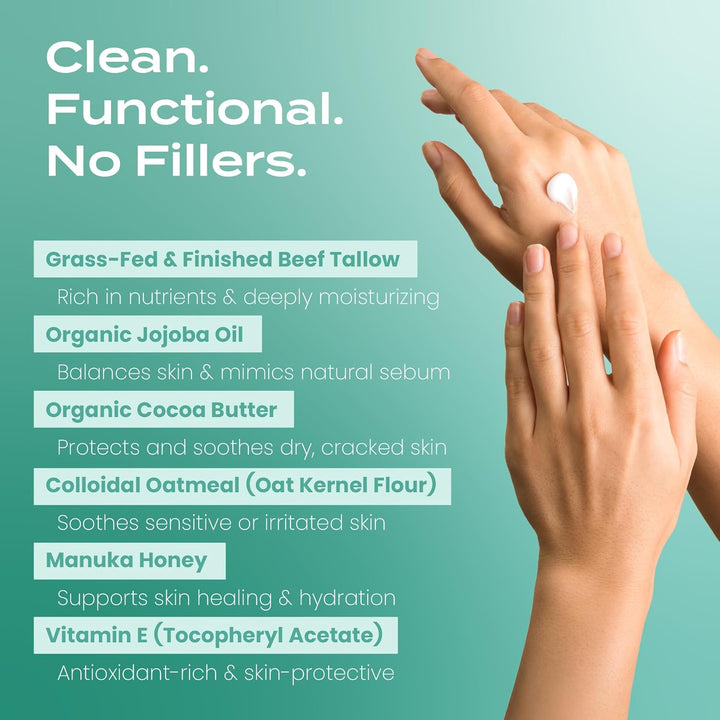 Grass Fed Whipped Beef Tallow for Dry Skin, Face - Manuka Honey, Jojoba Oil, Christmas Stocking Stuffers, White Elephant, Birthday Gifts for Women, Men, Travel Essentials - Eucalyptus