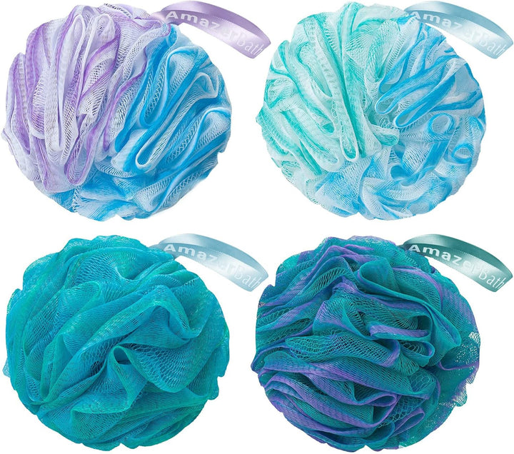 Loofah Sponge 75G/Piece, Exfoliating Bath Sponge Body Scrubber - Loofa Set of 4 Flower Color (Large, Green-Purple)
