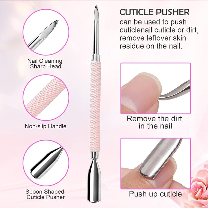 Cuticle Trimmer with Cuticle Pusher, 3 PCS Pink Nail Cuticle Nipper Professional Pedicure Manicure Tools with Stainless Steel Dual End Pusher, Nail Scraper