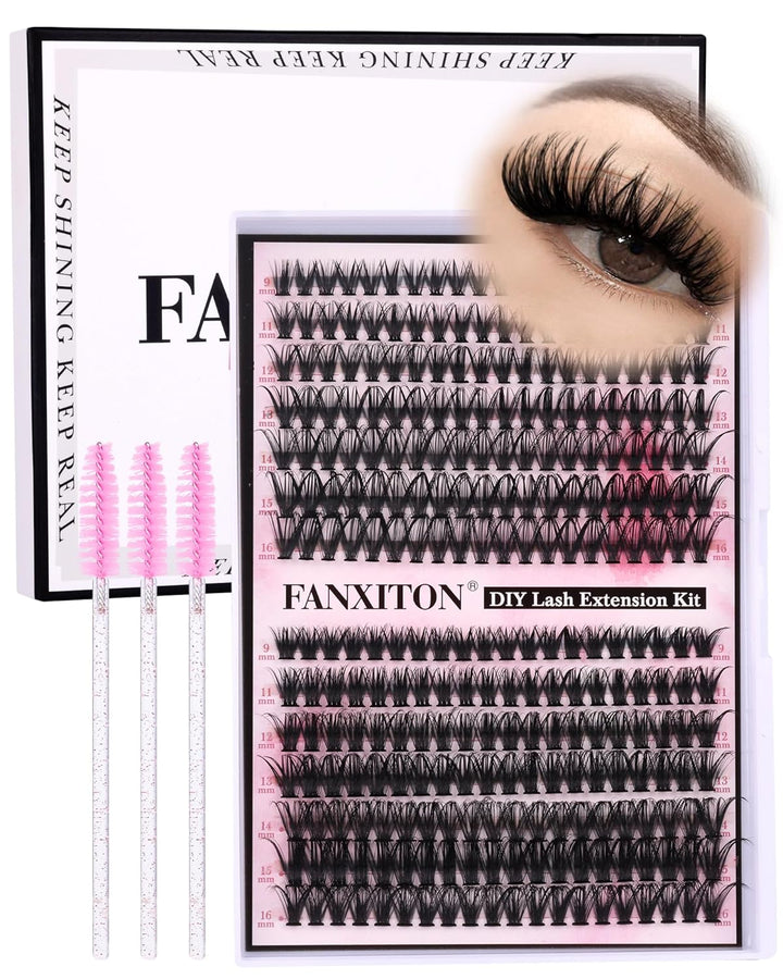 DIY Lash Extension Kit Volume Lash Clusters 40D+50D D Curvature Individual Lashes Lash Clusters Kit Thick Eyelash Extension Kit 280 Pcs Thin Band Cluster Lashes Lash Bond and Seal Tweezers