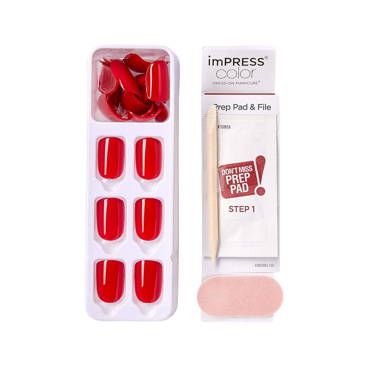 KISS  Color Polish-Free Solid Color Press-On Nails, Purefit Technology, Short Length, 'Reddy or Not', Includes Prep Pad, Mini Nail File, Cuticle Stick and 30 Fake Nails