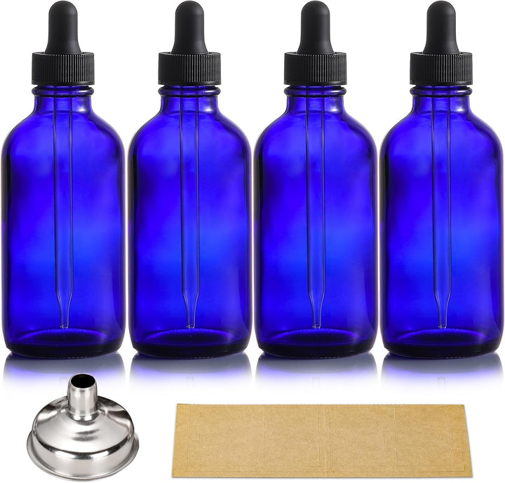 4 Pack, 4 Oz Dropper Bottles with 1 Funnel & 4 Labels - Essential Oils Bottles for Health, Personal Care & Beauty - 120Ml Thick Dark Amber Glass Tincture Bottles with Eye Droppers, Leakproof