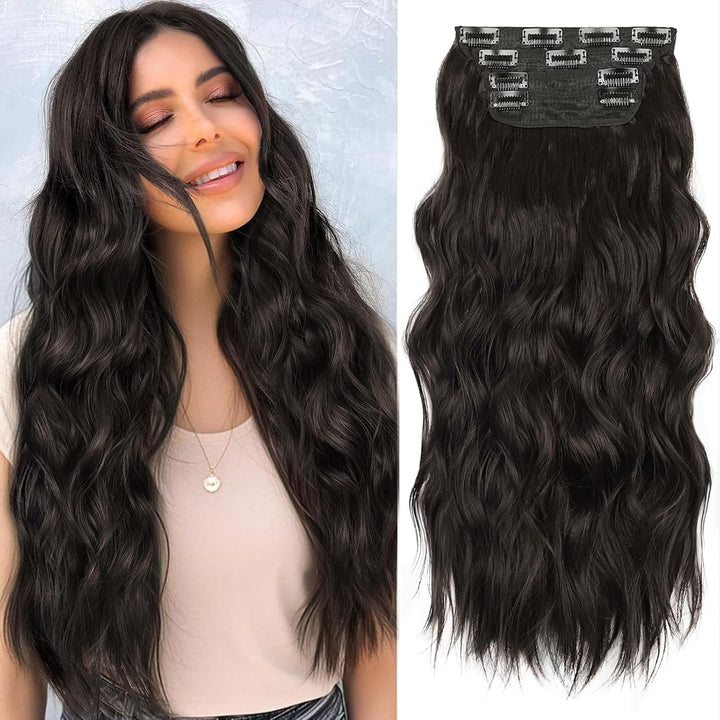 Clip in Long Wavy Synthetic Hair Extension 24 Inch Black 4PCS Thick Hairpieces Fiber Double Weft Hair for Women