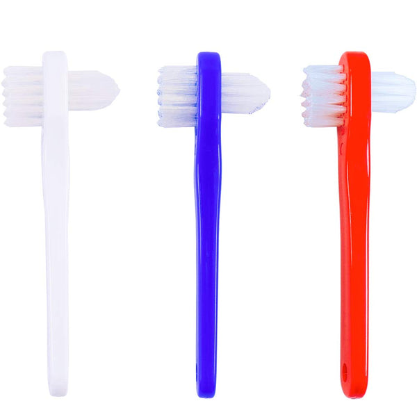 OASISGUEST Denture Cleaning Brush Set, T-Shaped Special Toothbrush, Hard Toothbrush, for Denture Care (Blue, Red, White, 3 Count (Pack of 1))