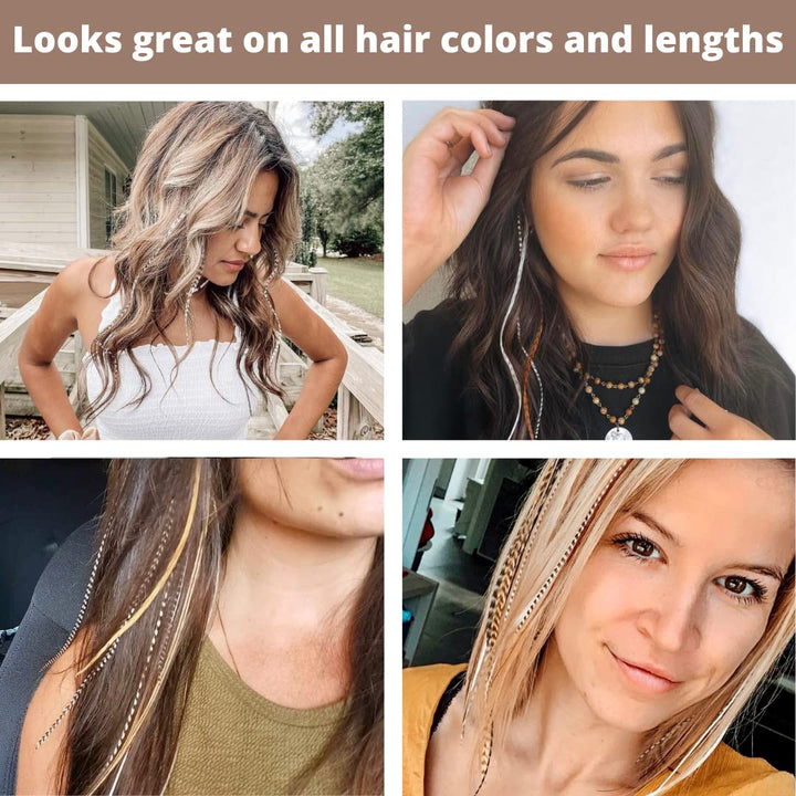 Natural Hair Feathers, Real Long Feather Hair Extensions with Bead Loop Kit, 20 Long Thin Tie Dye Ginger Brown and Black and White Grizzly Striped Ombre Bayalage Plumes