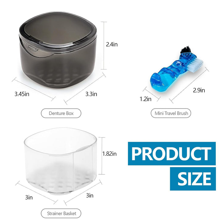 Denture Case Partial Denture Cups for Soaking Dentures, No-Leak Denture Soaking Container Retainer Cleaning Case with Brush for Household|Travel|Office - Transparent Black