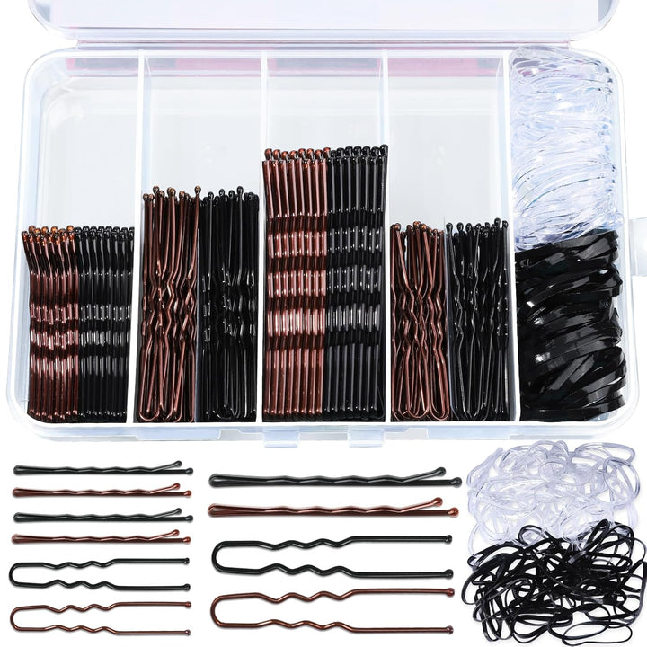 300Pcs Bobby Pins Hair Pins Kit, 100 Hair Pin for Women 100 Bobby Pins Brown and 100 Hair Bands, Hair Pins for Buns 2Inch 2.36Inch 2.75Inch