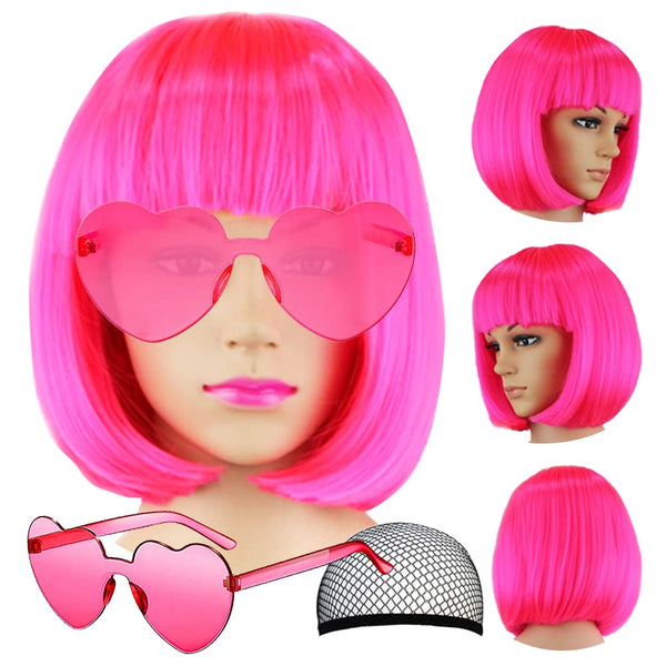 Short Bob Hair Wigs Straight with Flat Bangs Synthetic Colorful Cosplay Daily Party Neon Wig for Women + Free Wig Cap 14" Natural as Real
