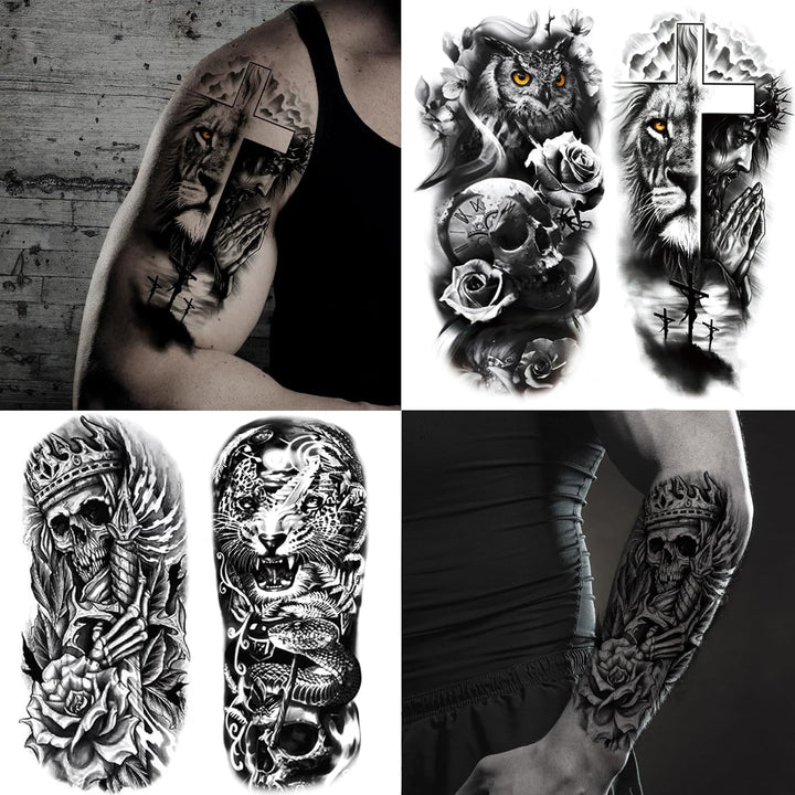 82 Sheets Temporary Tattoo for Men Women Adults, Include 12 Sheets Black 3D Half Sleeve Temporary Tattoos, Halloween Tattoos Scary Lion Wolf Tiger Skull Skeleton Tattoos Stickers